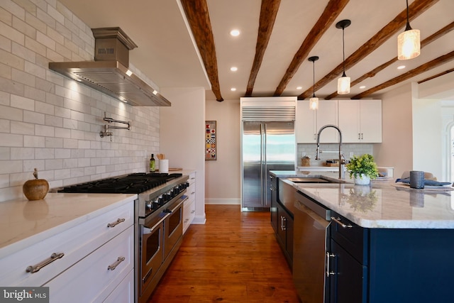 kitchen with white cabinetry, dark hardwood / wood-style floors, backsplash, high quality appliances, and pendant lighting