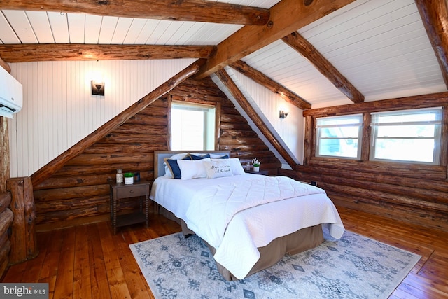 bedroom with dark hardwood / wood-style flooring, vaulted ceiling with beams, and log walls