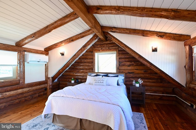 bedroom featuring dark wood-type flooring, multiple windows, a wall unit AC, and rustic walls