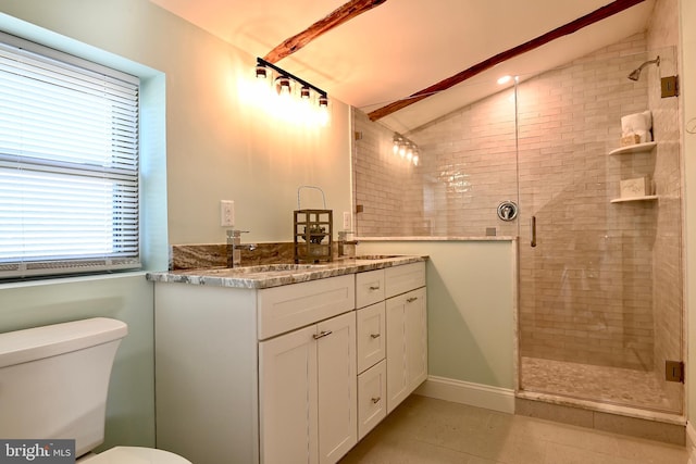 bathroom featuring toilet, vanity, lofted ceiling, and a shower with door