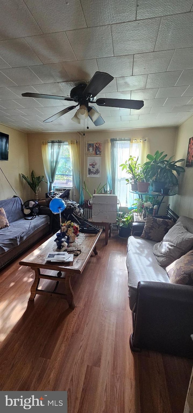 living room featuring ceiling fan and hardwood / wood-style flooring