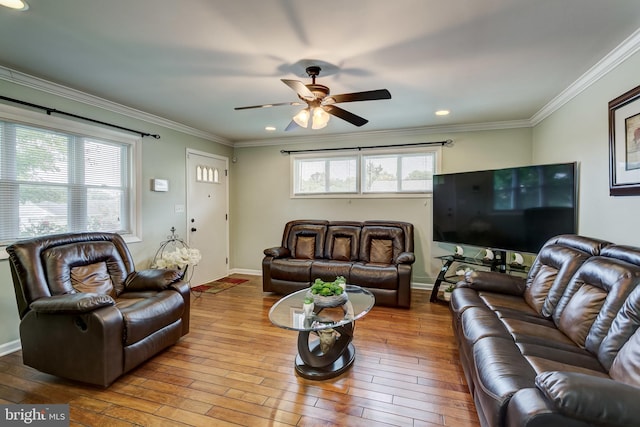 living room featuring ornamental molding, wood-type flooring, ceiling fan, and a wealth of natural light