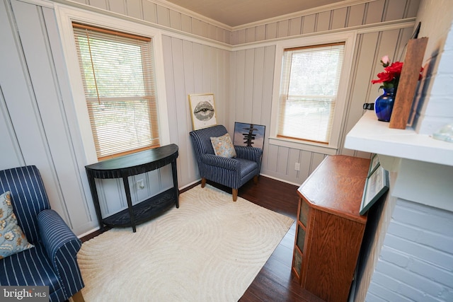 sitting room featuring crown molding and dark hardwood / wood-style floors