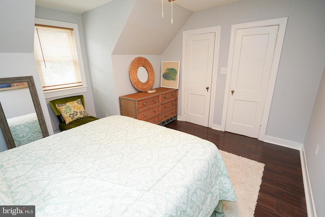 bedroom with lofted ceiling and dark hardwood / wood-style floors