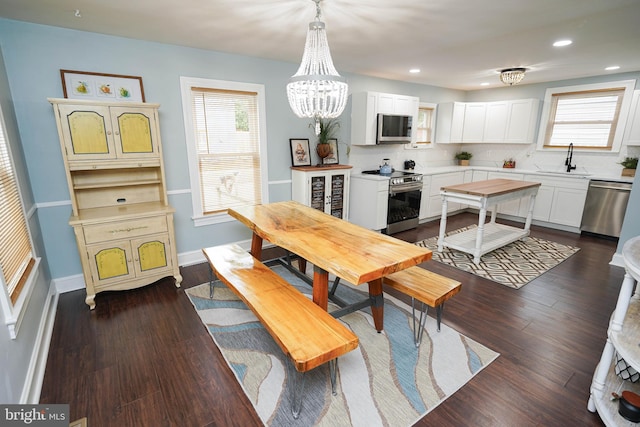 dining area with dark hardwood / wood-style floors, a healthy amount of sunlight, and sink