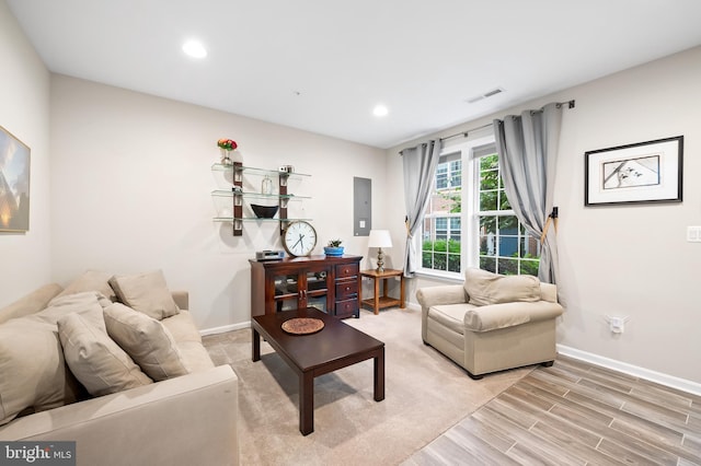 living room featuring light hardwood / wood-style floors and electric panel