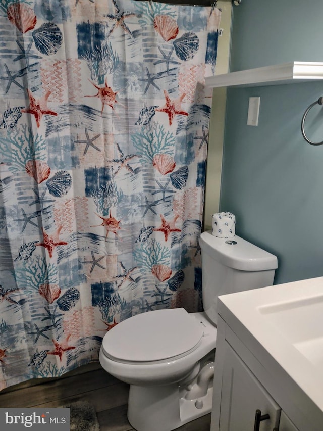 bathroom with wood-type flooring, vanity, toilet, and a shower with shower curtain