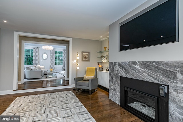 living room featuring a premium fireplace and dark wood-type flooring