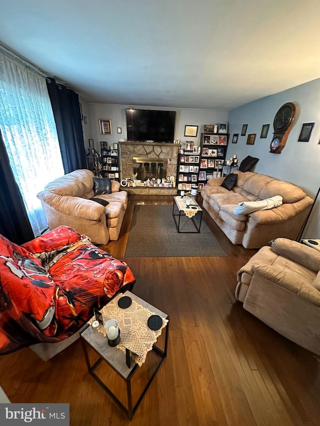 living room featuring wood-type flooring and a fireplace