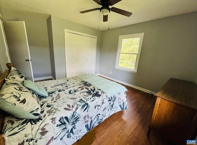 bedroom with a closet, ceiling fan, and dark hardwood / wood-style flooring