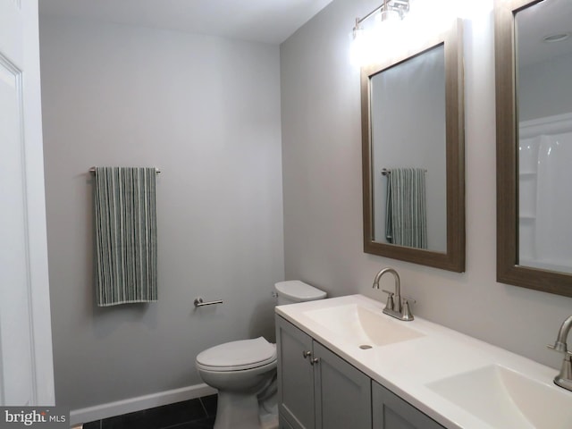 bathroom with vanity, toilet, and tile patterned floors