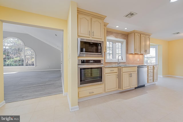 kitchen with light brown cabinets, a wealth of natural light, sink, and stainless steel appliances