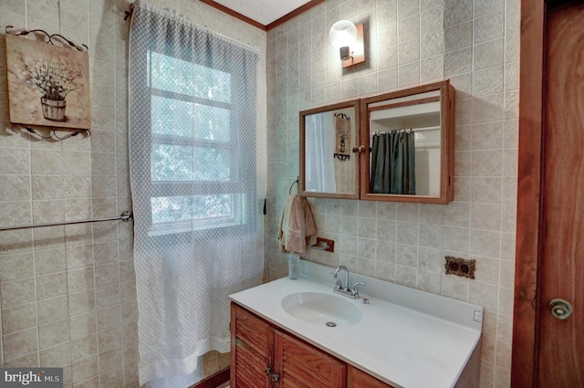 650 Bucks Church Rd, Newport, PA 17074 - bathroom with tile walls, vanity, ornamental molding, and a shower with shower curtain