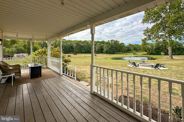 deck featuring a yard and a water view