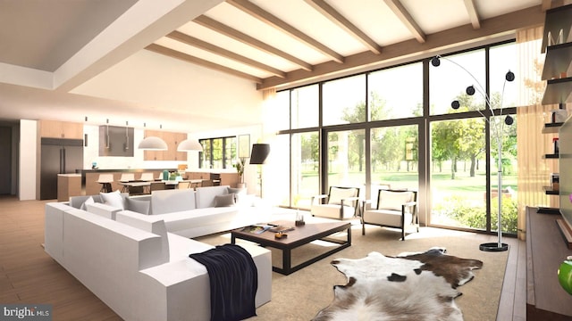 living room featuring beam ceiling, a healthy amount of sunlight, and a high ceiling