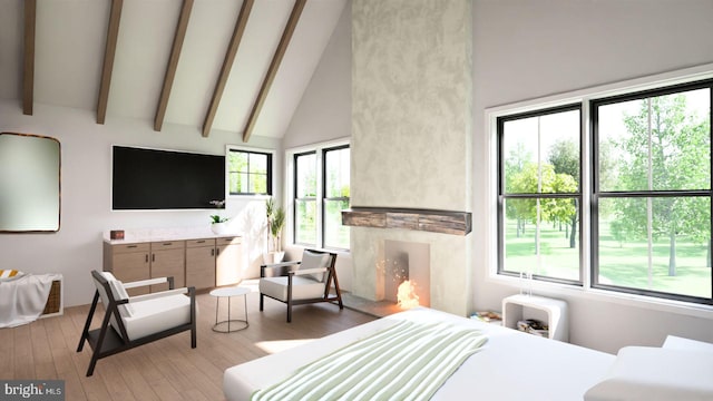 bedroom with multiple windows, light wood-type flooring, and high vaulted ceiling