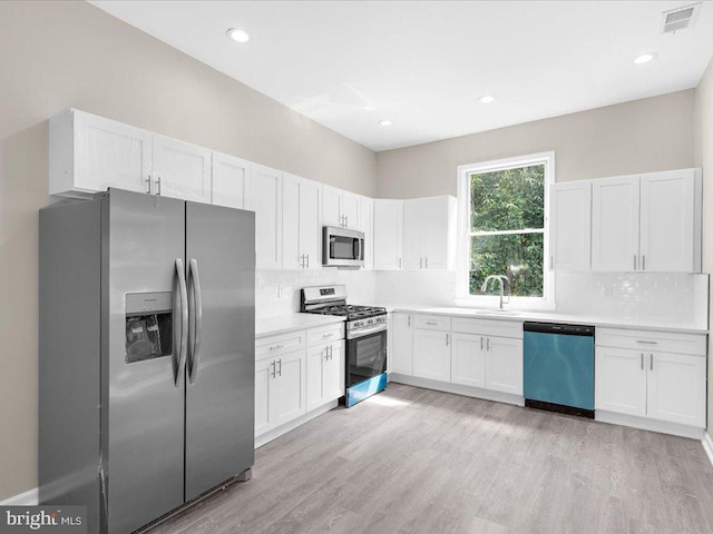 kitchen with white cabinetry, tasteful backsplash, stainless steel appliances, light wood-type flooring, and sink