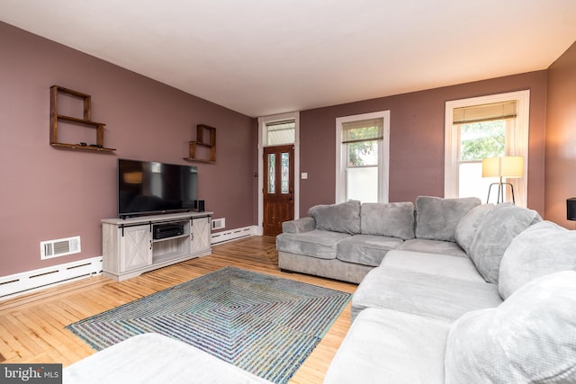 living room featuring a baseboard radiator and hardwood / wood-style floors