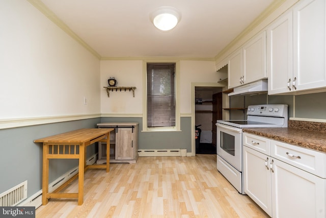 kitchen featuring light wood-type flooring, white cabinets, electric stove, a baseboard radiator, and ornamental molding