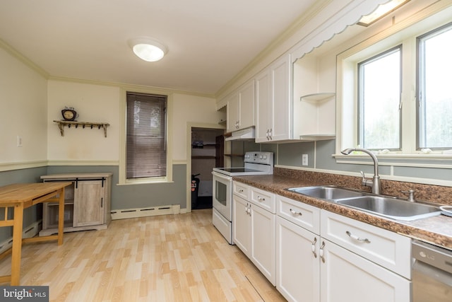 kitchen with white cabinets, white electric range, light wood-type flooring, and sink