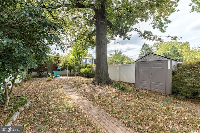 view of yard featuring a storage shed