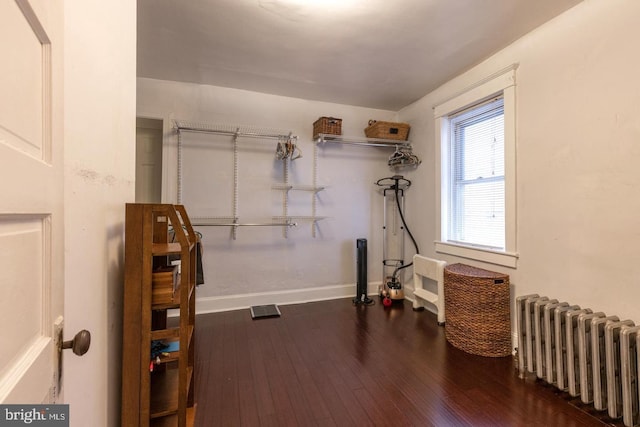 interior space with radiator and hardwood / wood-style floors