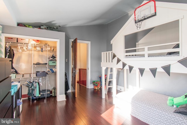 bedroom with a closet, dark hardwood / wood-style floors, and lofted ceiling