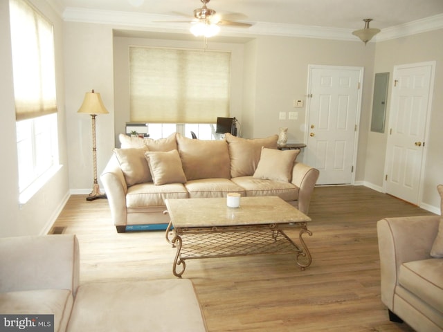 living room with ceiling fan, ornamental molding, electric panel, and hardwood / wood-style floors