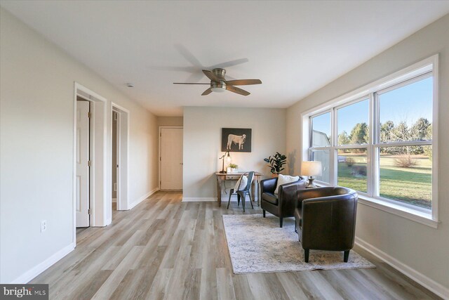 spare room with ceiling fan and light wood-type flooring