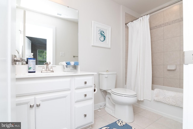 full bathroom with toilet, shower / tub combo, tile patterned flooring, and vanity