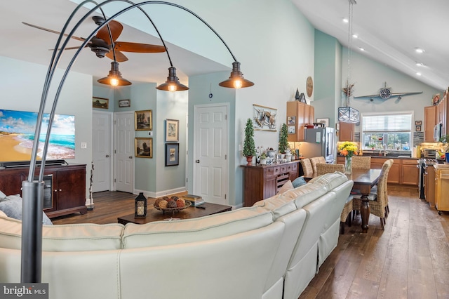 living room featuring dark hardwood / wood-style flooring and high vaulted ceiling