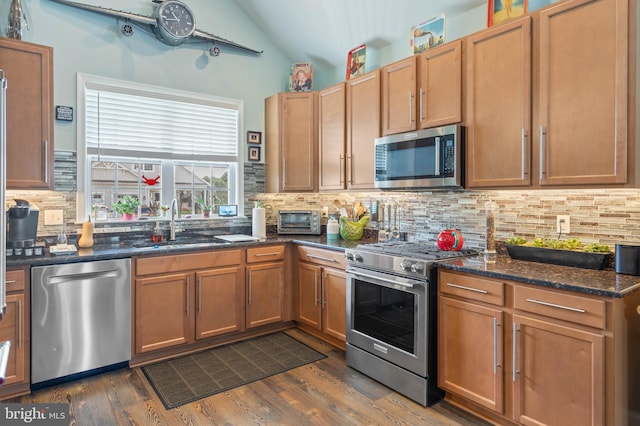 kitchen featuring backsplash, dark hardwood / wood-style flooring, sink, and appliances with stainless steel finishes