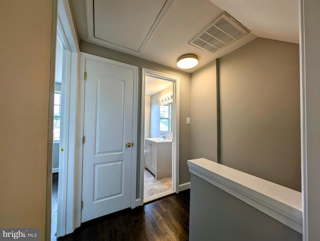 corridor with vaulted ceiling, sink, and dark wood-type flooring