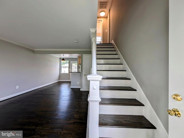 stairway with crown molding and hardwood / wood-style floors