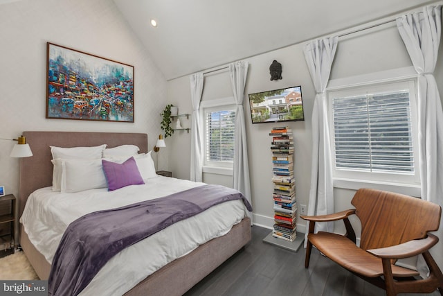 bedroom featuring lofted ceiling and hardwood / wood-style floors