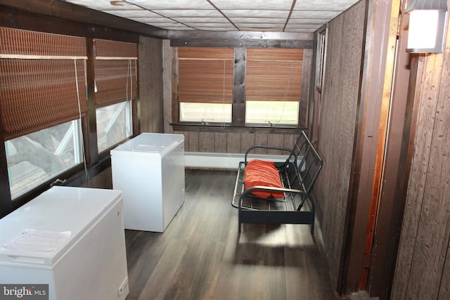 clothes washing area with wooden walls and dark hardwood / wood-style flooring