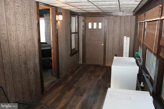 basement featuring wood walls and dark hardwood / wood-style flooring