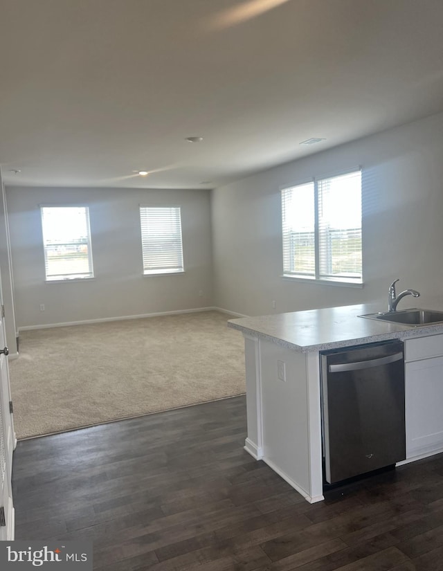 kitchen with sink, dark colored carpet, white cabinetry, and stainless steel dishwasher