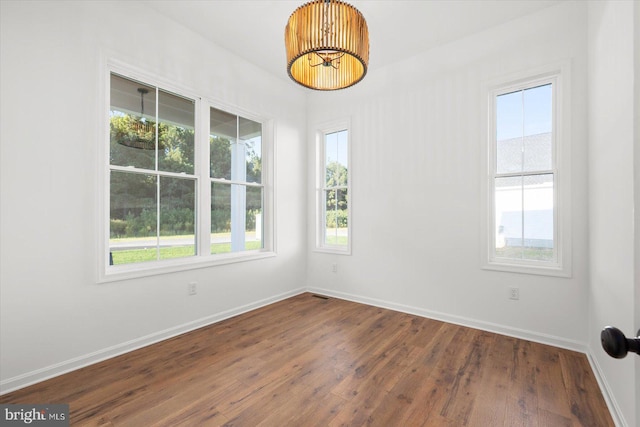 empty room with dark hardwood / wood-style flooring and plenty of natural light