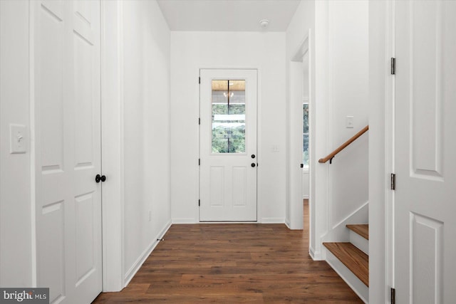 73 King Richard Rd, Berlin, MD 21811 - doorway featuring stairs, baseboards, and dark wood-type flooring