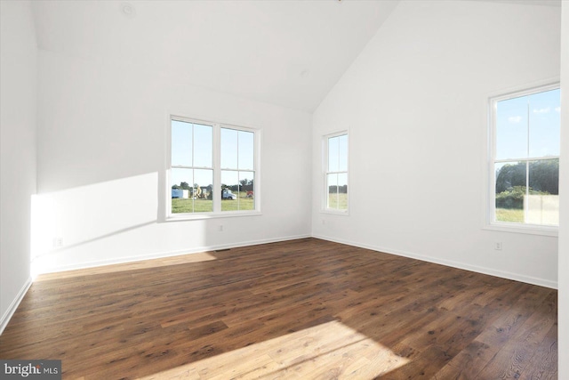 empty room featuring dark hardwood / wood-style flooring, high vaulted ceiling, and plenty of natural light