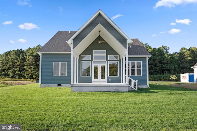 73 King Richard Rd, Berlin, MD 21811 - back of house featuring a lawn, a shingled roof, french doors, and crawl space
