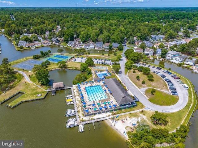 birds eye view of property featuring a water view