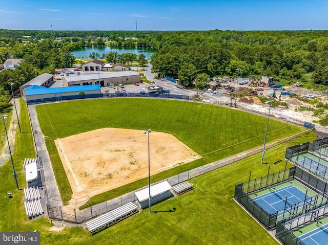 aerial view featuring a water view