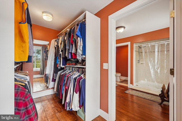 walk in closet with wood finished floors