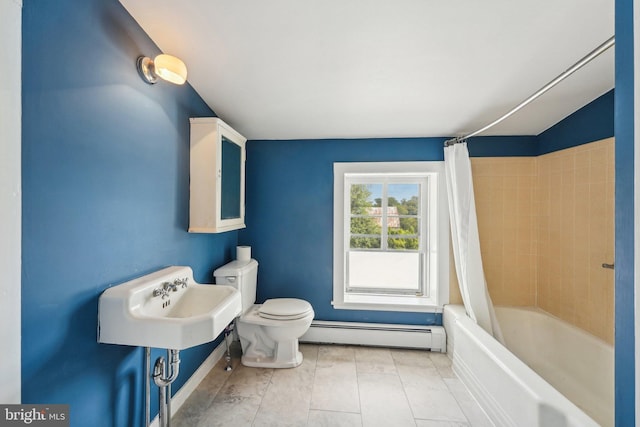 full bath featuring toilet, a baseboard radiator, shower / tub combo with curtain, and a sink