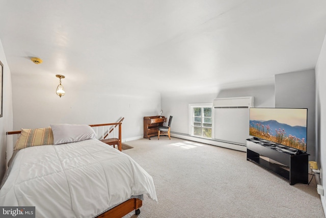 bedroom featuring baseboard heating, a wall unit AC, and carpet flooring