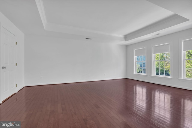 spare room with a tray ceiling, crown molding, and dark wood-type flooring