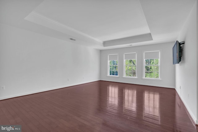 empty room with a raised ceiling and dark hardwood / wood-style floors