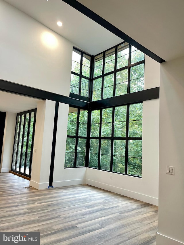 unfurnished room with a towering ceiling and light wood-type flooring